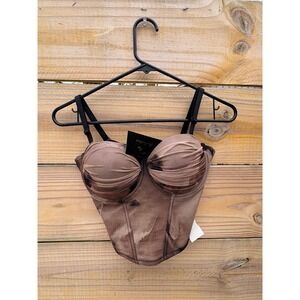 Kaylee Kollection Brown Black Abstract Mesh Corset Bustier Crop Top Medium NEW
